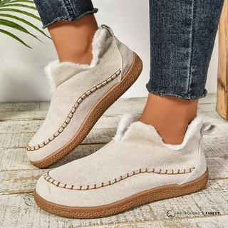 Bottines confort Lutz™ beige en tissu, bordure sherpa blanche, semelle ton bois