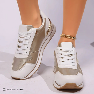 Chaussures de confort orthopédiques à lacets, tige dorée métallisée et semelle épaisse