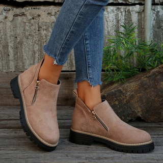 Bottines confortables marron à fermeture zippée, semelle crantée