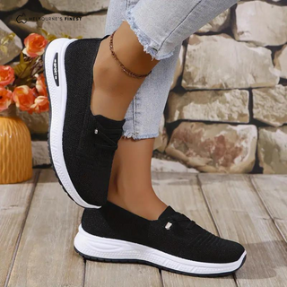 Chaussures orthopédiques Yvette™ noires, semelle blanche, tissu texturé et bord côtelé