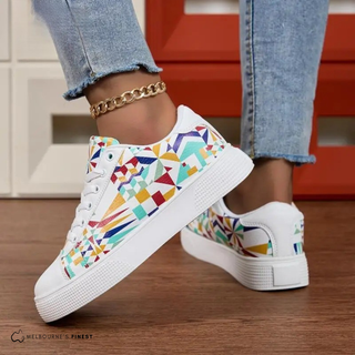 Chaussures Art Confort Elena™ blanches à motifs géométriques multicolores, lacets