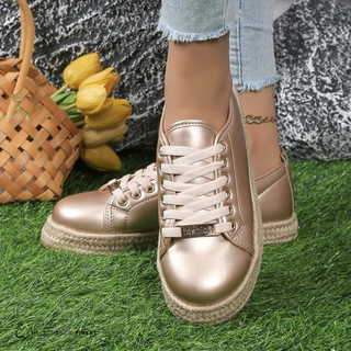Chaussures orthopédiques femme champagne à lacets, semelle compensée en corde