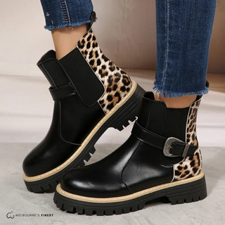Bottines confort noires à empiècements léopard et bride à boucle