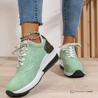 Chaussures orthopédiques femme vert clair à lacets, empiècement marron et semelle blanche