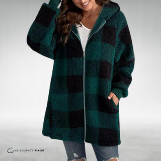 Manteau à capuche à carreaux vert foncé, fermeture zippée, tissu épais