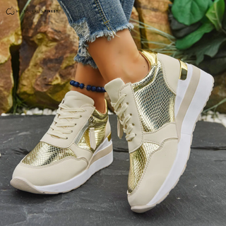 Chaussures de confort orthopédique Sheila™ doré et blanc, dessus métallique texturé, lacets.