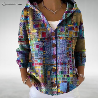 Veste sweat à capuche multicolore à motifs carrés, fermeture boutonnée en bois