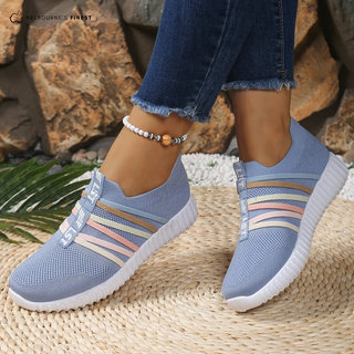 Chaussures de confort orthopédiques bleues, rayures roses-beige, semelle rainurée