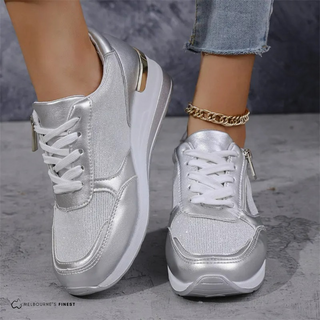 Chaussures orthopédiques Dina™ argentées, baskets à lacets, semelle épaisse, zip latéral