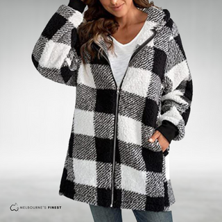 Manteau à capuche à carreaux noir/blanc, zip devant, manches longues
