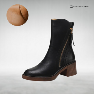 Bottes zippées Liz™ noires, cuir lisse, talon bloc, bout rond, zip latéral
