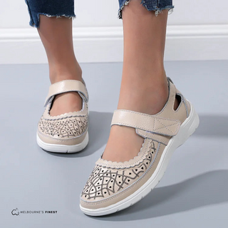 Chaussures orthopédiques Margery™ beiges avec bride auto-agrippante et motifs décoratifs