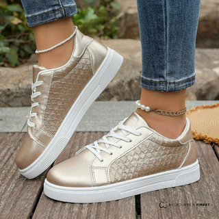 Chaussures orthopédiques femme Stein™ dorées, tige à motif, lacets et semelle blanche