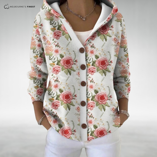 Veste sweat à capuche blanche à roses, fermeture boutonnée et col ouvert