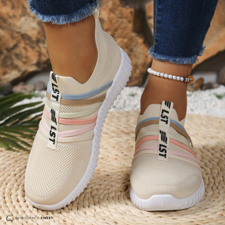 Chaussures de confort orthopédiques beige clair, rayures pastel et semelle texturée