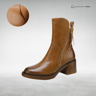 Bottes zippées Liz™ marron, cuir lisse, talon bloc, bout rond, fermeture latérale