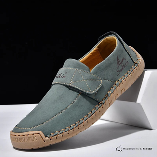 Chaussures orthopédiques Faye™ bleu, mocassin à bride velcro, coutures contrastées.