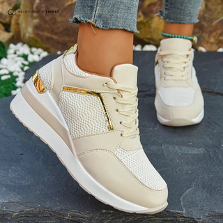 Chaussures orthopédiques pour femmes beiges à lacets, tige ajourée, semelle blanche