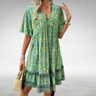 Robe Boho courte avec décolleté en V et motif ethnique