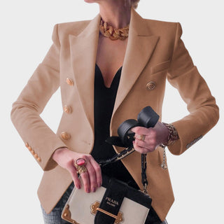 Blazer beige à boutons dorés, col tailleur, coupe cintrée, manches longues