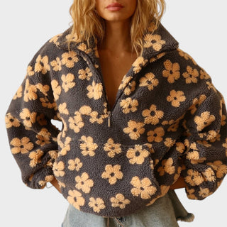 Pull en laine Martina noir à fleurs jaunes, demi-zip et col montant