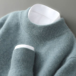 Pull en cachemire vert bleuté à col cheminée, manches longues