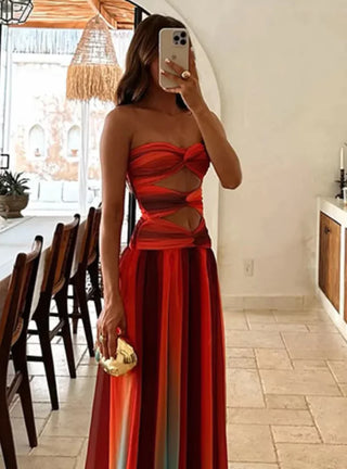 Maxi robe d'été avec découpes et top bandeau – Dégradé Rouge-Orange