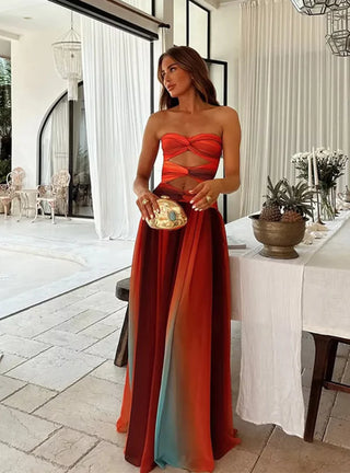 Maxi robe d'été avec découpes et top bandeau – Dégradé Rouge-Orange
