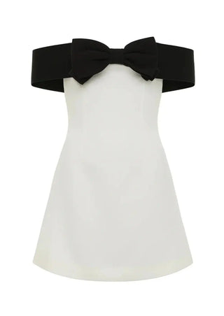 Eloise | Robe Mini Blanche avec Nœud Noir & Décolleté Carmen