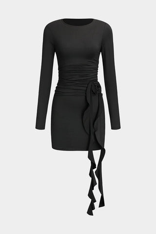 Valeria | Robe Mini Noire Élégante à Manches Longues – Coupe Sculptante avec Drapé & Détail de Rose