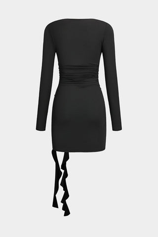 Valeria | Robe Mini Noire Élégante à Manches Longues – Coupe Sculptante avec Drapé & Détail de Rose