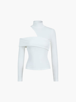 Blouse courte en maille côtelée blanc, col montant, coupe près du corps, manches longues