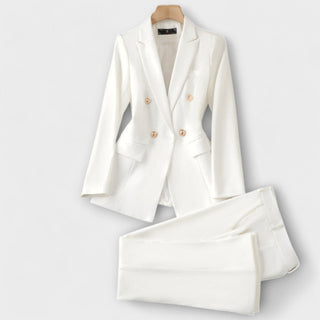 Ensemble veste et pantalon Ema blanc cassé, veste à poches et boutons dorés, pantalon