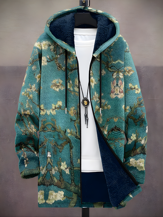 Sweat à capuche zippé vert motif fleurs, doublure capuche bleu foncé, cordon et fermeture