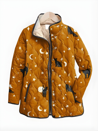 Veste matelassée à motif de chats ocre, capuche doublée beige, fermeture boutons