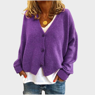 Gilet en maille violet à encolure V, boutons et manches longues
