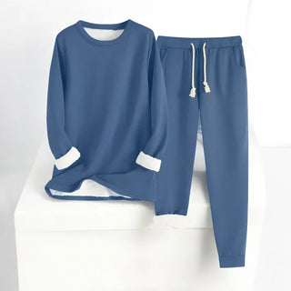 Ensemble sweat et pantalon jogging bleu, cordon blanc et poignets côtelés