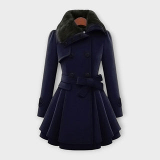 Manteau élégant bleu foncé, col en fourrure, ceinture à nouer et boutons