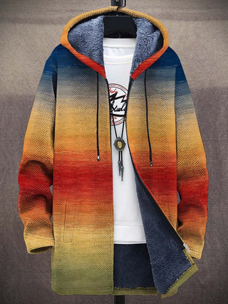Sweat à capuche Heidi™ dégradé jaune-rouge-bleu, doublure bleue, cordons de capuche.