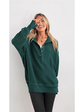 Haut oversize Henley à capuche côtelé vert, patte boutonnée au col