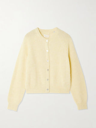 Cardigan jaune clair en laine mélangée, col rond boutonné, coupe courte, manches longues