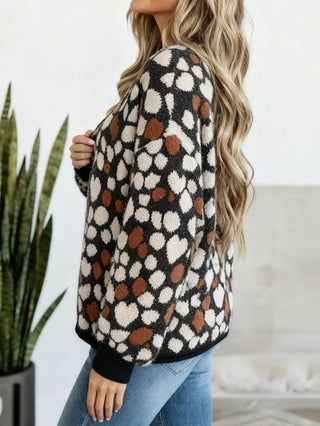 Cardigan femme en tricot noir à motif pois blancs et orange, manches longues