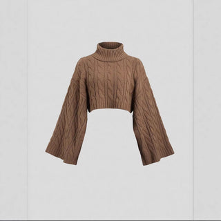 Pull marron en maille à torsades, col roulé, manches longues évasées.