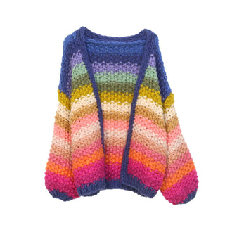 Cardigan tricot épais femme multicolore rayé, ouverture à l’avant, col bordé, coupe ample