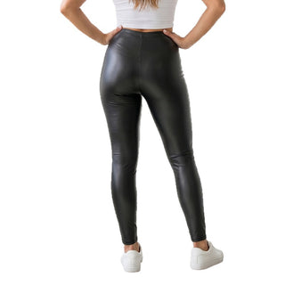 Leggings noirs en simili cuir, taille haute, coupe skinny, longueur cheville.