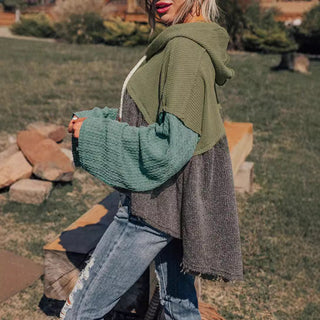 Sweat à capuche femme vert armée, blocs gris foncé, manches longues, cordons