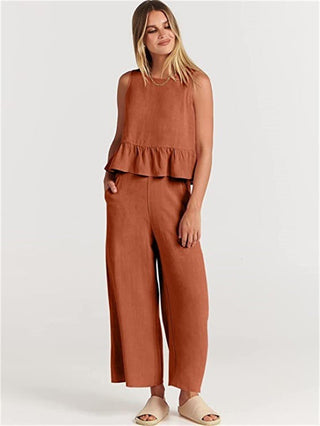 Ensemble blouse sans manches volant terracotta et pantalon large, coupe fluide