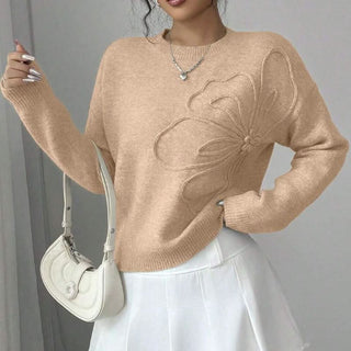 Pull Flora Line beige à col rond côtelé, motif floral brodé sur le devant