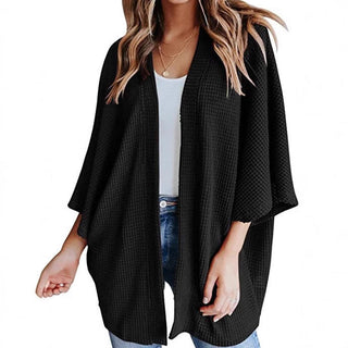Cardigan en tricot gaufré noir, style kimono ouvert, manches chauve-souris 3/4