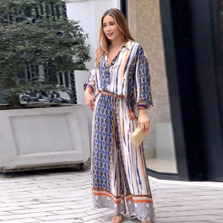 Ensemble blouse longue à encolure V et pantalon ample imprimé bleu/ blanc, ceinture